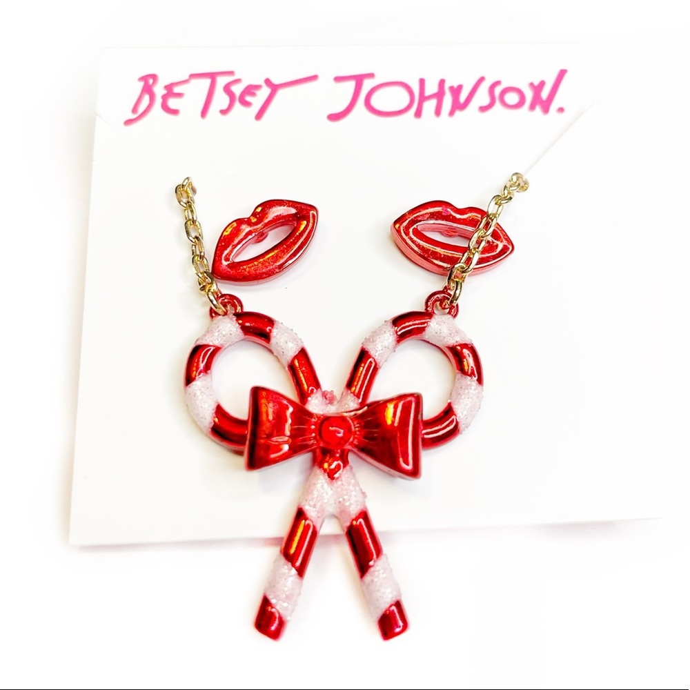 🌀 Betsey Johnson Candy Cane Bow & Lips Necklace/Earring Set
